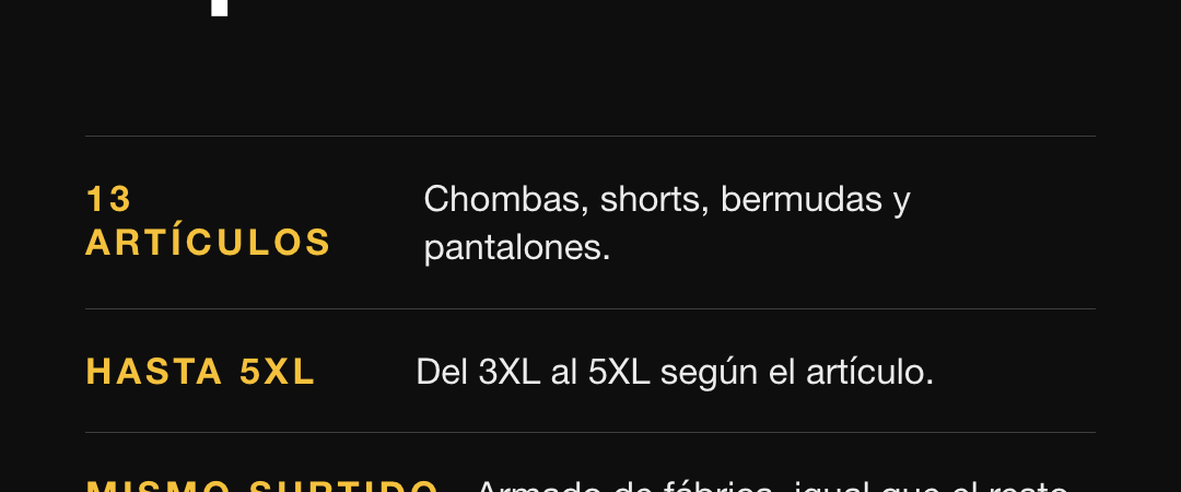 Talles especiales: 13 artículos del 3XL al 5XL