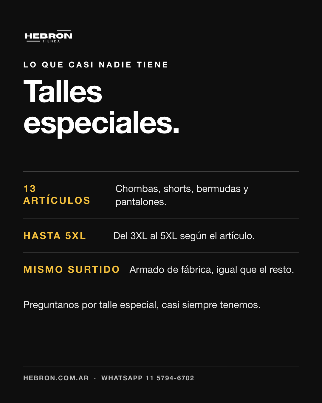 Talles especiales: 13 artículos del 3XL al 5XL